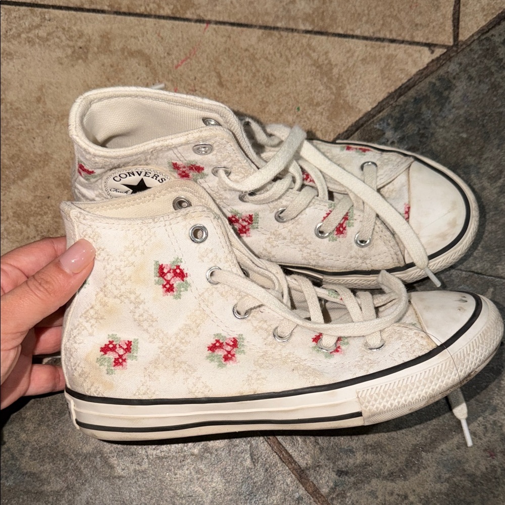 Converse Cream High-Tops with Red Floral Design
